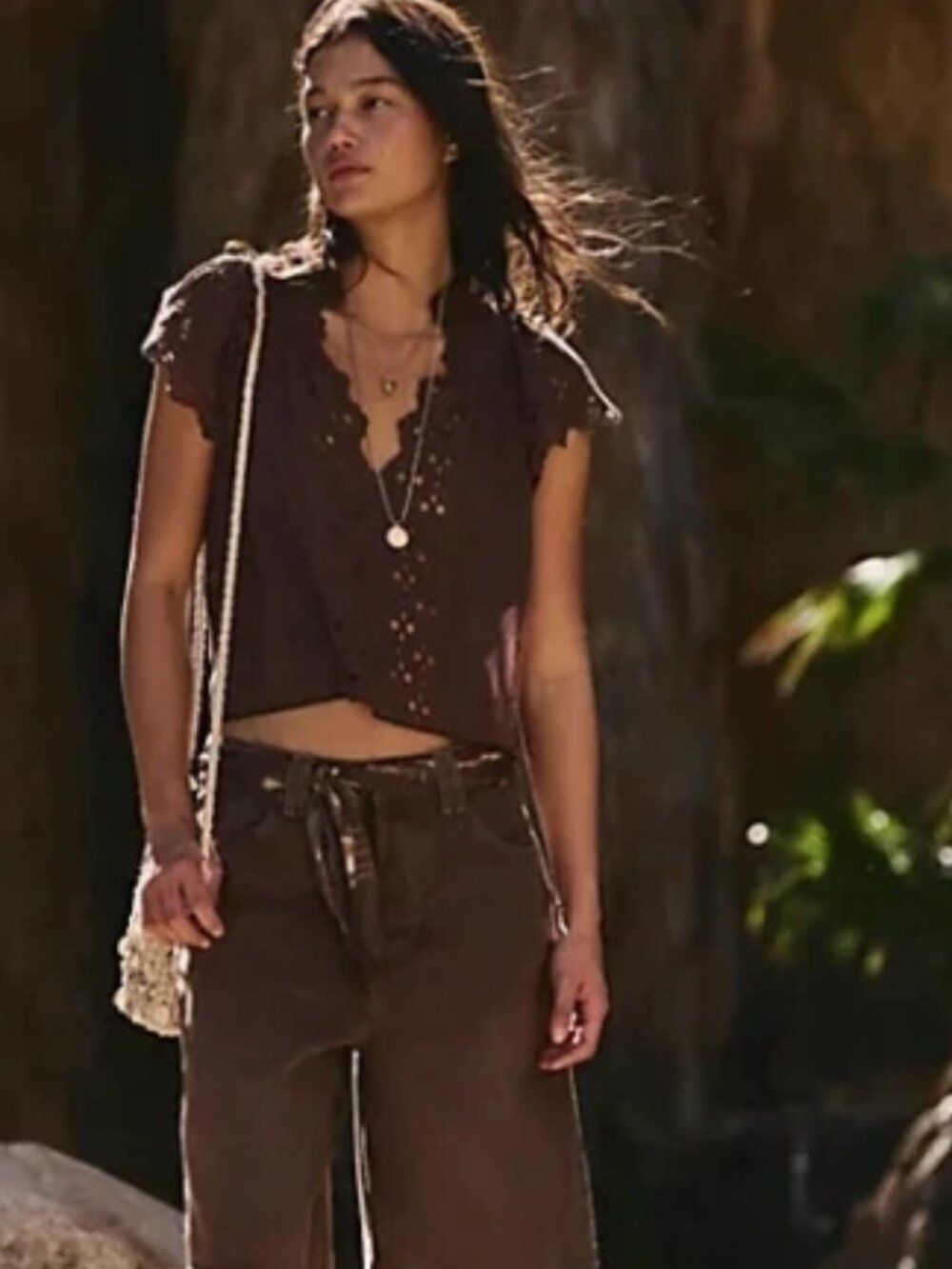 Free People FP One Sigrid Blouse Top Shaved Chocolate Eyelet Lace XS
